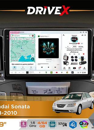Штатная магнитола для hyundai sonata 2008-2010 drivex s4 qled 9" android 8-ядерный 1.6ггц 4x64гб sim-карта 3g/4g tda7851 4x50w dsp