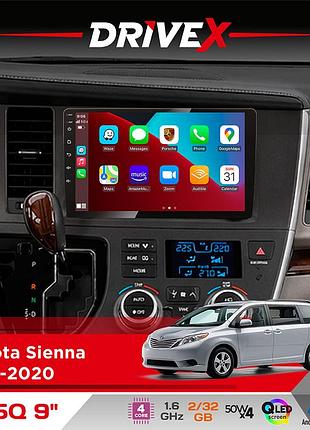 Штатная магнитола для toyota sienna 2015-2020 drivex un5 qled 9" android 4-ядерный 2+32гб 4x45w беспроводной carplay и androidauto