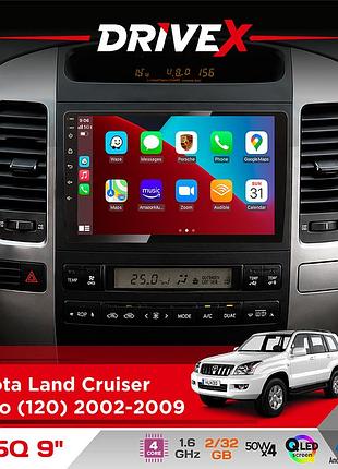 Штатная магнитола для toyota land cruiser prado (120) 2002-2009 drivex un5 qled 9" android 4-ядерный 2+32гб 4x45w беспроводной