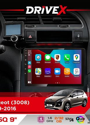 Штатная магнитола для peugeot 3008 2009-2016 drivex un5 qled 9" android 4-ядерный 2+32гб 4x45w беспроводной carplay и androidauto