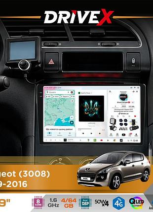 Штатная магнитола для peugeot 3008 2009-2016 drivex s4 qled 9" android 8-ядерный 1.6ггц 4x64гб sim-карта 3g/4g tda7851 4x50w dsp