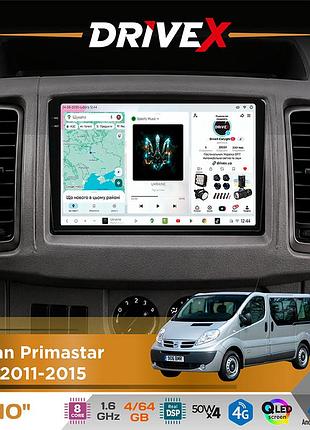 Штатная магнитола для nissan primastar (j4) 2011-2015 drivex s4 qled 10" android 8-ядерный 1.6ггц 4x64гб sim-карта 3g/4g tda7851