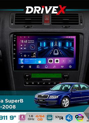 Штатная магнитола для skoda superb 2001-2008 drivex se-911 4+64гб qled 9" android 4-ядерный 4x50w(tda7851) dsp беспроводной carplay