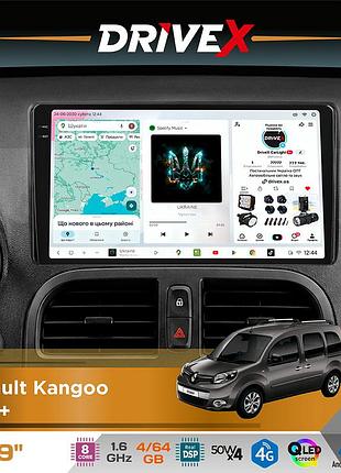 Штатна магнітола для renault kangoo 2013+ drivex s4 qled 9" android 8-ядерний 1.6ггц 4x64гб sim-картка 3g/4g tda7851 4x50w dsp