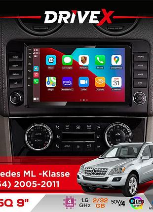 Штатна магнітола для mercedes ml -klasse (w164) 2005-2011 drivex un5 qled 9" android 4-ядерний 2+32гб 4x45w бездротовий carplay та