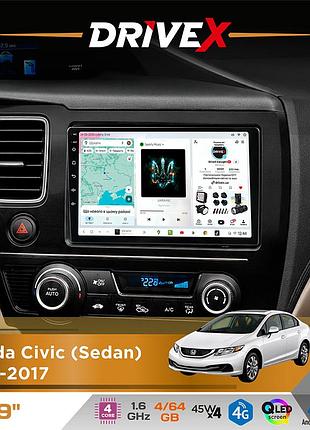 Штатная магнитола для honda civic (sedan) 2013-2017 drivex s3 qled 9" android 8-ядерный 1.6ггц 4x64гб sim-карта 3g/4g 7388 4x45w