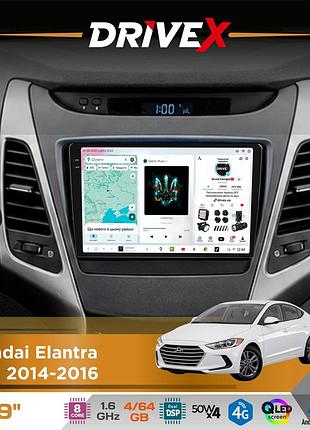 Штатна магнітола для hyundai elantra (md) 2014-2016 drivex s4 qled 9" android 8-ядерний 1.6ггц 4x64гб sim-картка 3g/4g tda7851