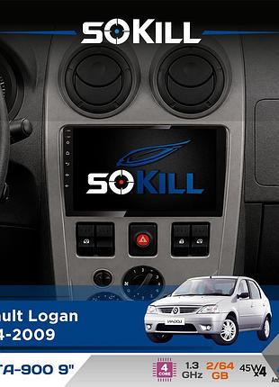Штатна магнітола для renault logan 2004-2009 sokill delta-900 9" android 4-ядерний 2+64гб 4x45w бездротовий carplay та androidauto