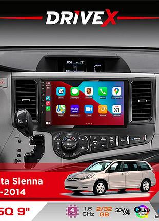 Штатная магнитола для toyota sienna 2010-2014 drivex un5 qled 9" android 4-ядерный 2+32гб 4x45w беспроводной carplay и androidauto