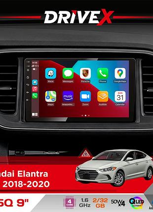 Штатная магнитола для hyundai elantra (ad) 2018-2020 drivex un5 qled 9" android 4-ядерный 2+32гб 4x45w беспроводной carplay и