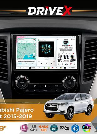 Штатная магнитола для mitsubishi pajero sport 2015-2019 drivex s4 qled 9" android 8-ядерный 1.6ггц 4x64гб sim-карта 3g/4g tda7851