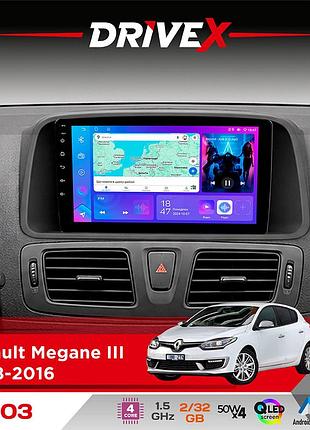 Штатная магнитола для renault megane iii 2008-2016 drivex a-903 qled 9" android 4-ядерный 2+32гб 4x50w(tda7851) беспроводной carplay