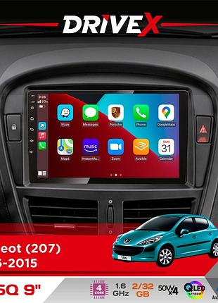 Штатная магнитола для peugeot 207 2006-2015 drivex un5 qled 9" android 4-ядерный 2+32гб 4x45w беспроводной carplay и androidauto