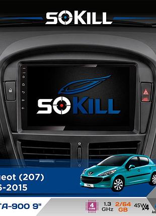 Штатная магнитола для peugeot 207 2006-2015 sokill delta-900 9" android 4-ядерный 2+64гб 4x45w беспроводной carplay и androidauto