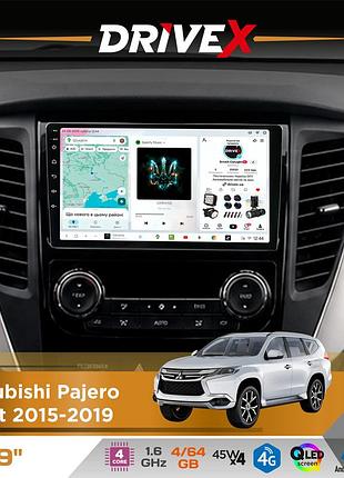 Штатная магнитола для mitsubishi pajero sport 2015-2019 drivex s3 qled 9" android 8-ядерный 1.6ггц 4x64гб sim-карта 3g/4g 7388