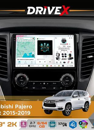 Штатная магнитола для mitsubishi pajero sport 2015-2019 drivex s7 2k qled 9" android 8-ядерный 2.7ггц 6x64гб sim-карта 3g/4g