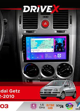 Штатная магнитола для hyundai getz 2002-2010 drivex a-903 qled 9" android 4-ядерный 2+32гб 4x50w(tda7851) беспроводной carplay и