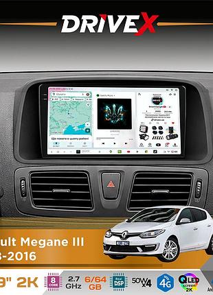 Штатная магнитола для renault megane iii 2008-2016 drivex s7 2k qled 9" android 8-ядерный 2.7ггц 6x64гб sim-карта 3g/4g ak7808 ab