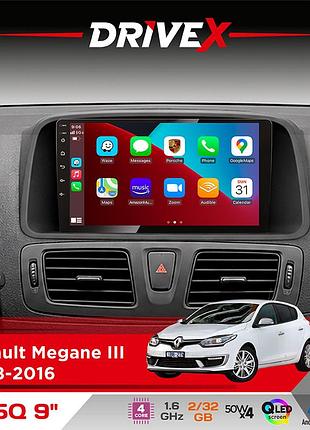 Штатная магнитола для renault megane iii 2008-2016 drivex un5 qled 9" android 4-ядерный 2+32гб 4x45w беспроводной carplay и