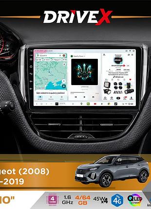 Штатная магнитола для peugeot 2008 2013-2019 drivex s3 qled 10" android 8-ядерный 1.6ггц 4x64гб sim-карта 3g/4g 7388 4x45w asp