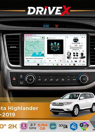 Штатна магнітола для toyota highlander 2013-2019 drivex s7 2k qled 10" android 8-ядерний 2.7ггц 6x64гб sim-картка 3g/4g ak7808 ab