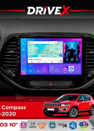Штатная магнитола для jeep compass 2017-2020 drivex a-1003 qled 10" android 2+32гб 4-ядерный 4x50w(tda7851) беспроводной carplay и
