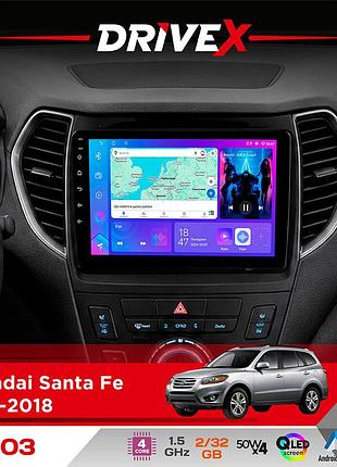 Штатная магнитола для hyundai santa fe 2012-2018 drivex a-903 qled 9" android 4-ядерный 2+32гб 4x50w(tda7851) беспроводной carplay