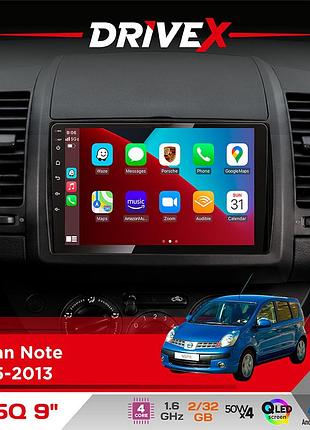 Штатная магнитола для nissan note 2005-2013 drivex un5 qled 9" android 4-ядерный 2+32гб 4x45w беспроводной carplay и androidauto