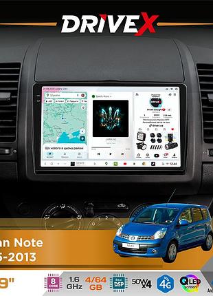 Штатная магнитола для nissan note 2005-2013 drivex s4 qled 9" android 8-ядерный 1.6ггц 4x64гб sim-карта 3g/4g tda7851 4x50w dsp