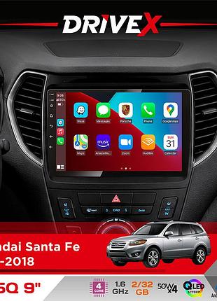 Штатная магнитола для hyundai santa fe 2012-2018 drivex un5 qled 9" android 4-ядерный 2+32гб 4x45w беспроводной carplay и