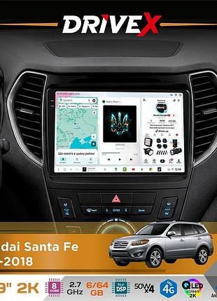 Штатная магнитола для hyundai santa fe 2012-2018 drivex s7 2k qled 9" android 8-ядерный 2.7ггц 6x64гб sim-карта 3g/4g ak7808 ab