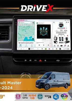 Штатная магнитола для renault master 2019-2024 drivex s4 qled 9" android 8-ядерный 1.6ггц 4x64гб sim-карта 3g/4g tda7851 4x50w dsp