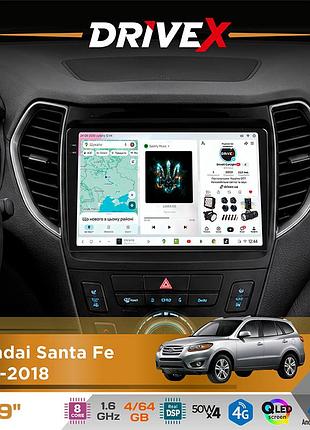 Штатная магнитола для hyundai santa fe 2012-2018 drivex s4 qled 9" android 8-ядерный 1.6ггц 4x64гб sim-карта 3g/4g tda7851 4x50w