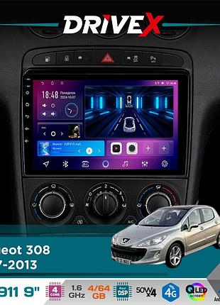 Штатная магнитола для peugeot 308 2007-2013 drivex se-911 4+64гб qled 9" android 4-ядерный 4x50w(tda7851) dsp беспроводной carplay