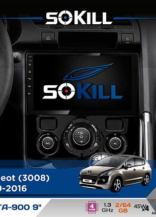 Штатная магнитола для peugeot 3008 2009-2016 sokill delta-900 9" android 4-ядерный 2+64гб 4x45w беспроводной carplay и androidauto