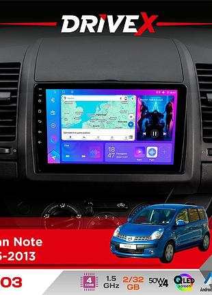 Штатная магнитола для nissan note 2005-2013 drivex a-903 qled 9" android 4-ядерный 2+32гб 4x50w(tda7851) беспроводной carplay и