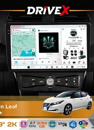 Штатная магнитола для nissan leaf 2018+ drivex s7 2k qled 9" android 8-ядерный 2.7ггц 6x64гб sim-карта 3g/4g ak7808 ab 4x50w dsp