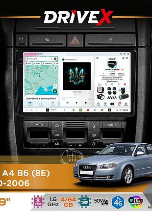Штатна магнітола для audi a4 b6 (8e) 2000-2006 drivex s4 qled 9" android 8-ядерний 1.6ггц 4x64гб sim-картка 3g/4g tda7851 4x50w
