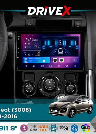 Штатная магнитола для peugeot 3008 2009-2016 drivex se-911 4+64гб qled 9" android 4-ядерный 4x50w(tda7851) dsp беспроводной carplay