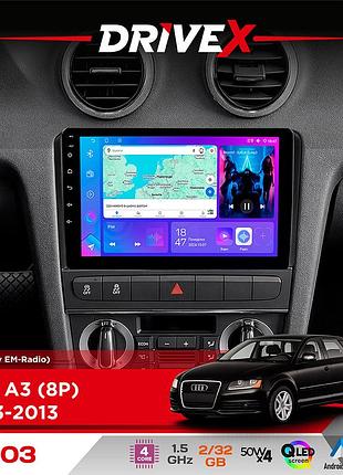 Штатная магнитола для audi a3 (8p) 2003-2013 drivex a-903 qled 9" android 4-ядерный 2+32гб 4x50w(tda7851) беспроводной carplay и