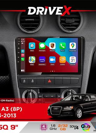 Штатная магнитола для audi a3 (8p) 2003-2013 drivex un5 qled 9" android 4-ядерный 2+32гб 4x45w беспроводной carplay и androidauto