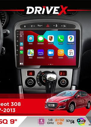 Штатная магнитола для peugeot 308 2007-2013 drivex un5 qled 9" android 4-ядерный 2+32гб 4x45w беспроводной carplay и androidauto