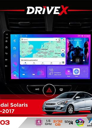 Штатная магнитола для hyundai solaris 2010-2017 drivex a-903 qled 9" android 4-ядерный 2+32гб 4x50w(tda7851) беспроводной carplay и