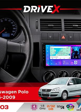 Штатная магнитола для volkswagen polo 2005-2009 drivex a-903 qled 9" android 4-ядерный 2+32гб 4x50w(tda7851) беспроводной carplay и