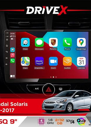 Штатная магнитола для hyundai solaris 2010-2017 drivex un5 qled 9" android 4-ядерный 2+32гб 4x45w беспроводной carplay и