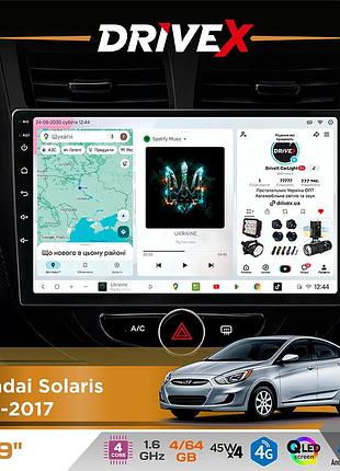 Штатная магнитола для hyundai solaris 2010-2017 drivex s3 qled 9" android 8-ядерный 1.6ггц 4x64гб sim-карта 3g/4g 7388 4x45w asp