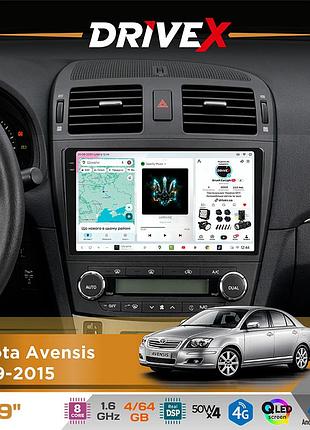 Штатная магнитола для toyota avensis 2009-2015 drivex s4 qled 9" android 8-ядерный 1.6ггц 4x64гб sim-карта 3g/4g tda7851 4x50w dsp