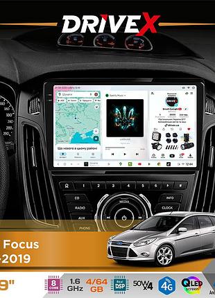 Штатная магнитола для ford focus 2011-2019 drivex s4 qled 9" android 8-ядерный 1.6ггц 4x64гб sim-карта 3g/4g tda7851 4x50w dsp