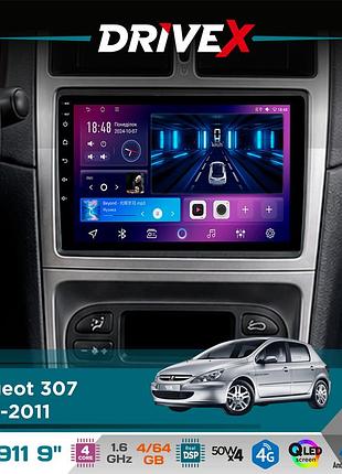 Штатна магнітола для peugeot 307 2001-2011 drivex se-911 4+64гб qled 9" android 4-ядерний 4x50w(tda7851) dsp бездротовий carplay