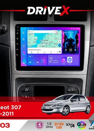 Штатна магнітола для peugeot 307 2001-2011 drivex a-903 qled 9" android 4-ядерний 2+32гб 4x50w(tda7851) бездротовий carplay та